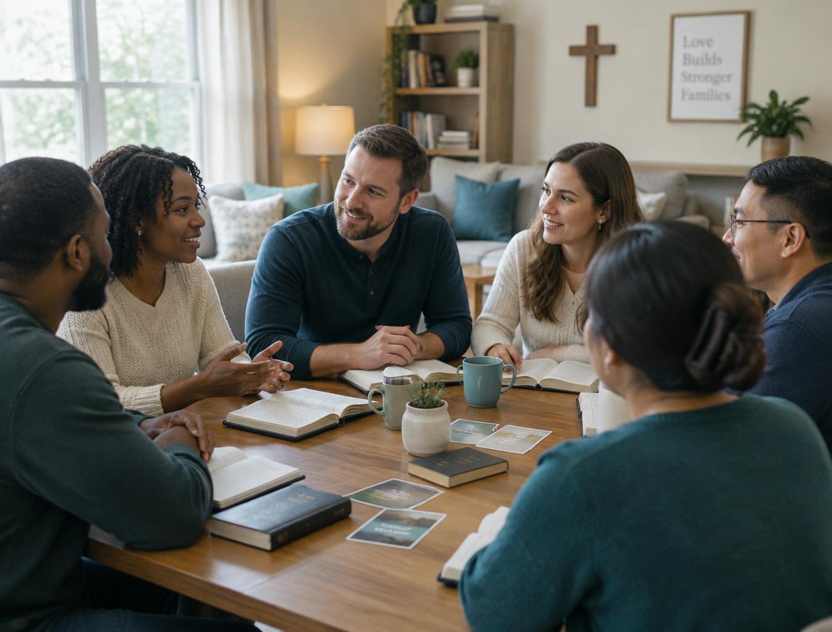 Grupo de matrimonios conversando alrededor de una mesa con materiales